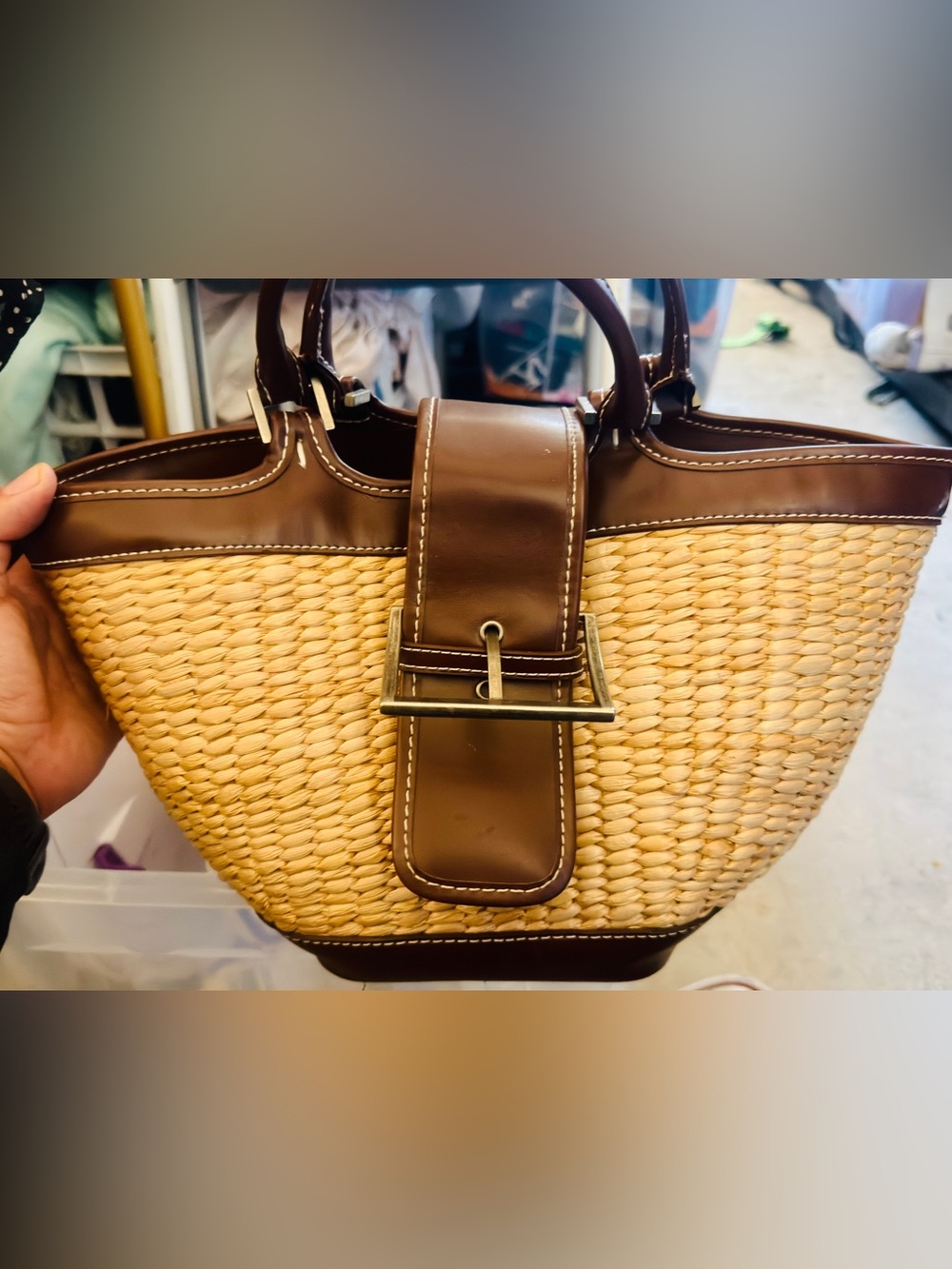 Woven Straw Tote with Brown Leather Trim